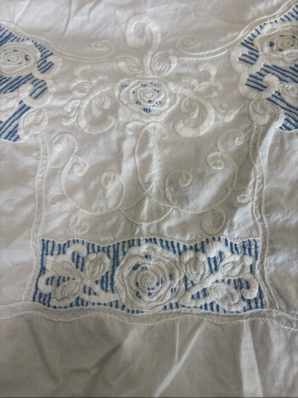 Vintage Blue and white embroidered lace edged tablecloth - Picture 6 of 8